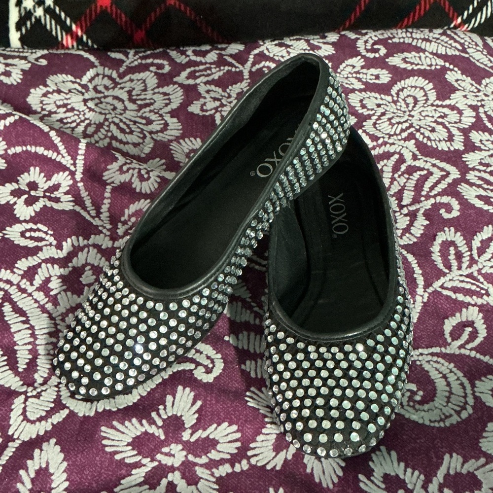 XOXO Black Rhinestone Embellished Flats excellent condition 9M Mary Jane ballet